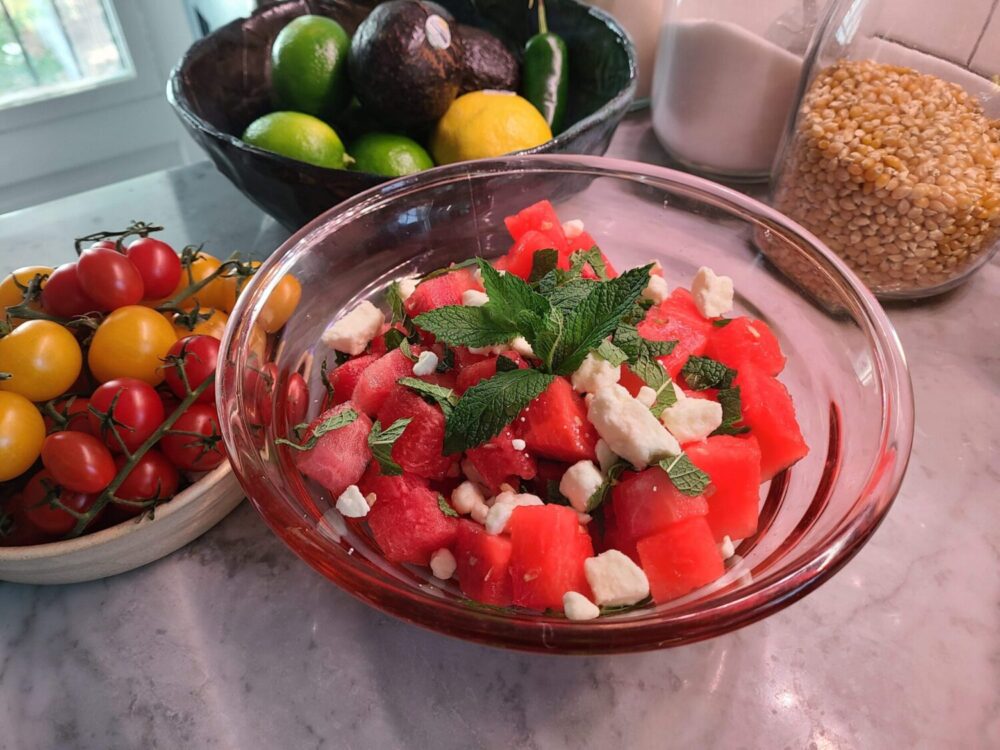One of the fastest, easiest healthy snack! Watermelon salad! This fast recipe will have you eating in no time!