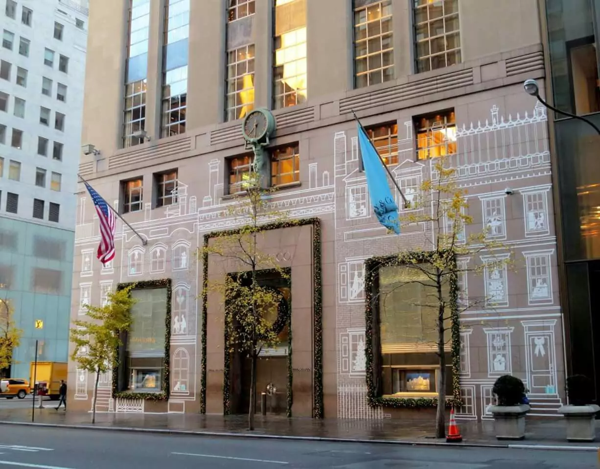 Tiffany & Co Flagship Store in New York during a rainy day view from the street