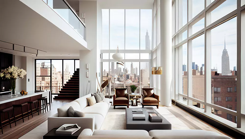 Luxury features of NYC property including floor-to-ceiling windows, custom craftsmanship, high-end design, and panoramic views